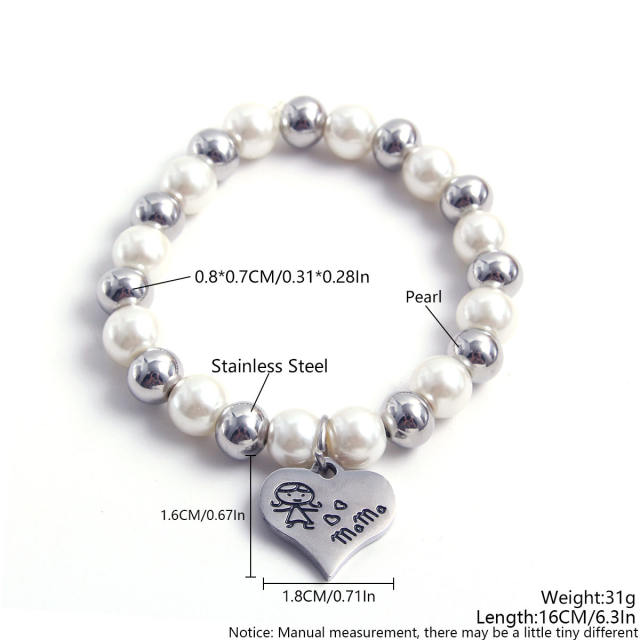 Elegant pearl stainless steel bead heart charm elastic bracelet