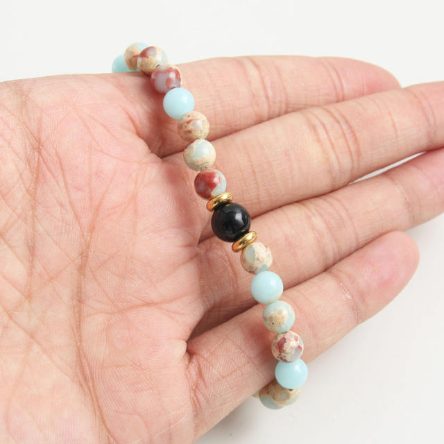 6mm natural stone bead stainless steel bracelet