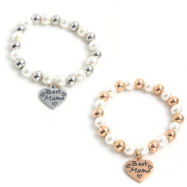 Mother's day pearl stainless steel bead heart charm bracelet