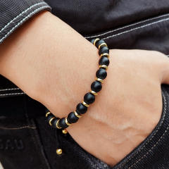 Hiphop black natural stone stainless steel bead bracelet for men