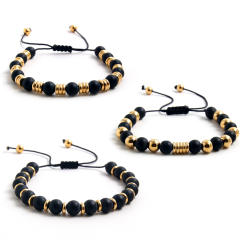 Hiphop black natural stone stainless steel bead bracelet for men