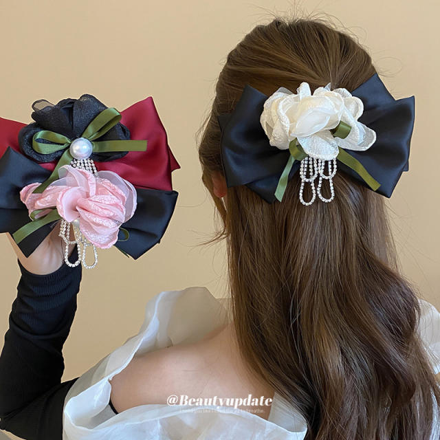 Spring summer elegant bow pearl flower french barrette hair clips