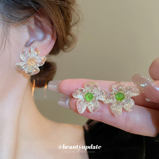 925 needle clear resin petal flower studs earrings for women