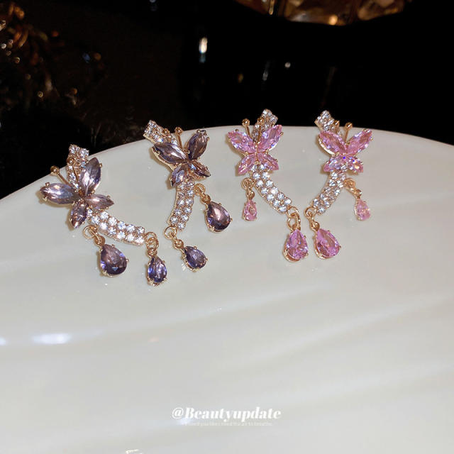 925 needle delicate pink purple butterfly diamond earrings for women