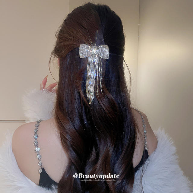 Luxury diamond bow tassel women french barrette hair clips wedding party accessory