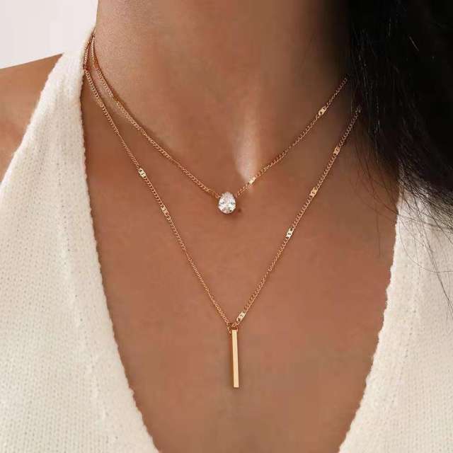 Dainty two layer bar pendant diamond stainless steel necklace