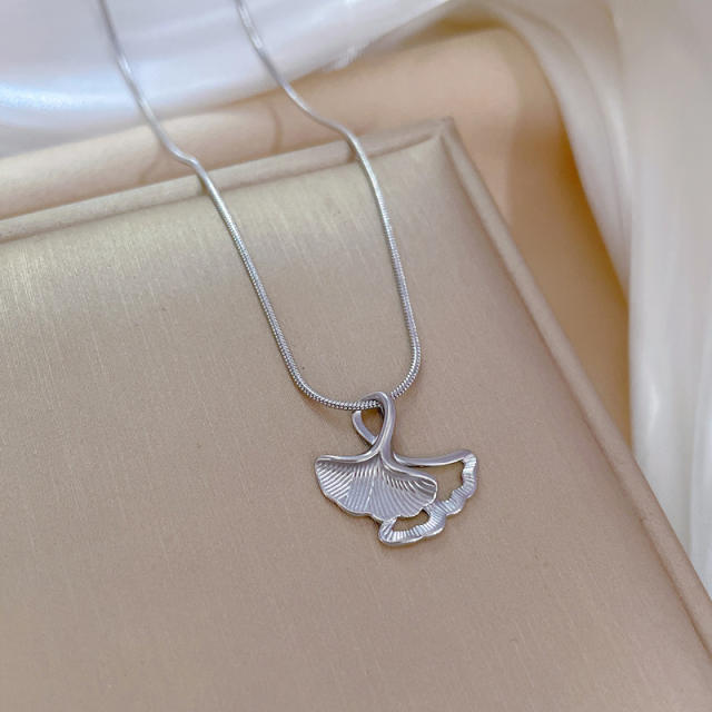 Korean fashion dainty Ginkgo biloba charm stainless steel necklace