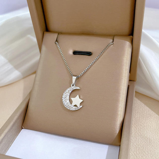 Dainty diamond moon star stainless steel necklace