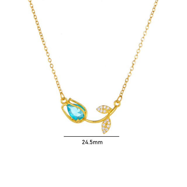 Dainty colorful cubic zircon tulip stainless steel chain necklace