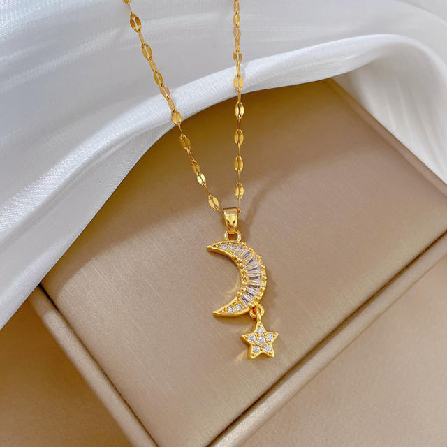Dainty diamond star moon charm stainless steel chain necklace