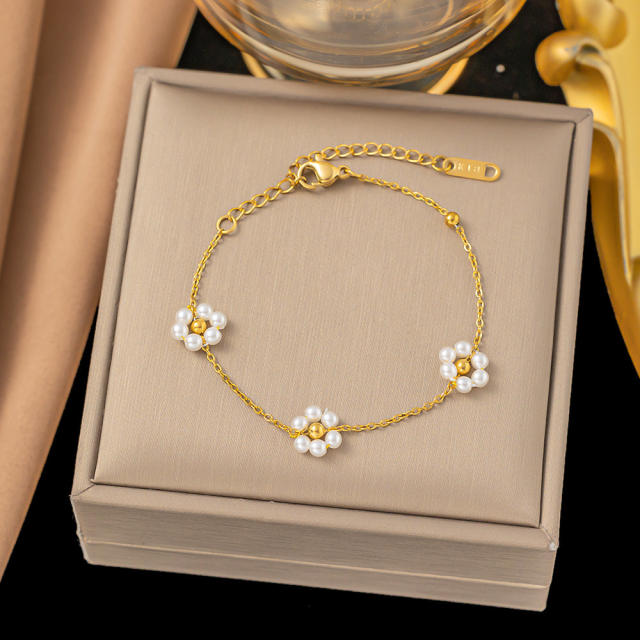 Summer pearl bead flower stainless steel necklace set dainty necklace