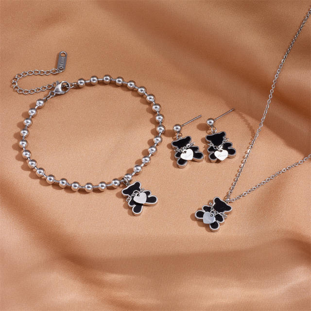 Cute bear pendant beaded stainless steel necklace bracelet anklet earrings set