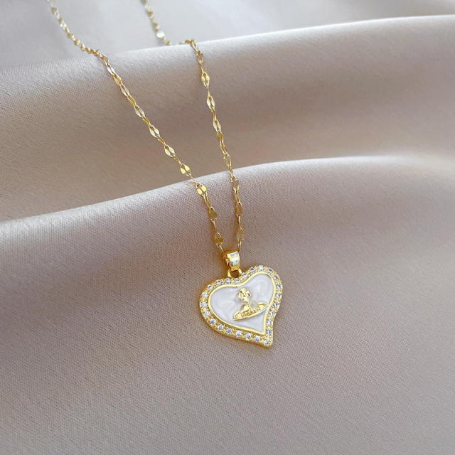 Delicate diamond heart planet pendant stainless steel chain necklace