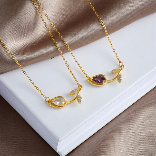 Dainty colorful cubic zircon tulip stainless steel chain necklace