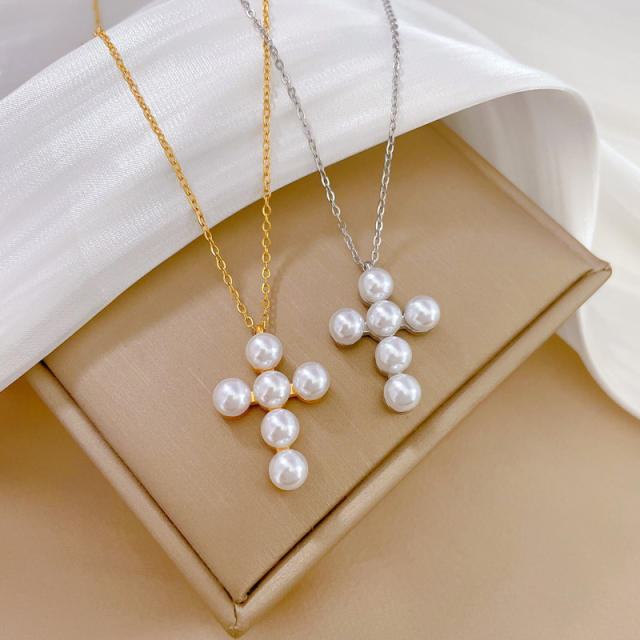 Dainty pearl cross charm stainless steel necklace