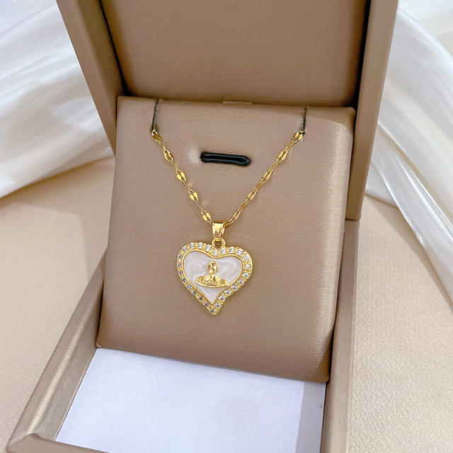 Delicate diamond heart planet pendant stainless steel chain necklace