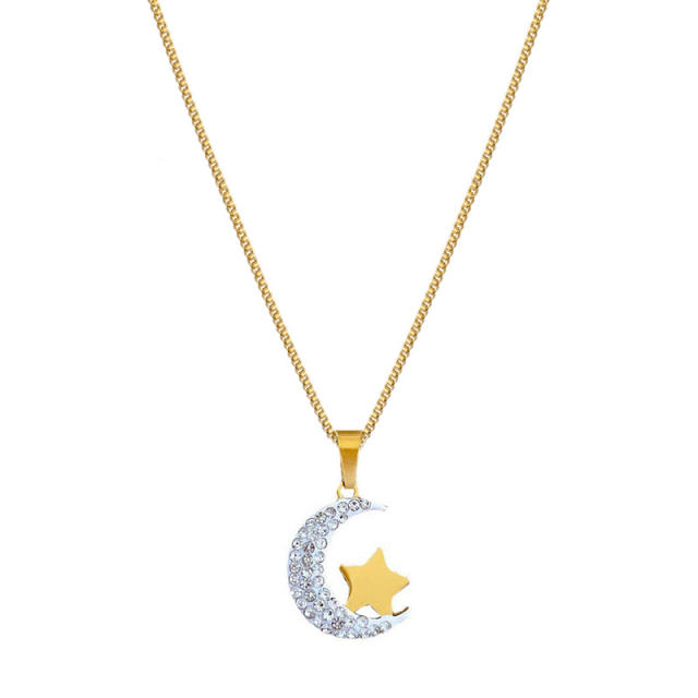 Dainty diamond moon star stainless steel necklace