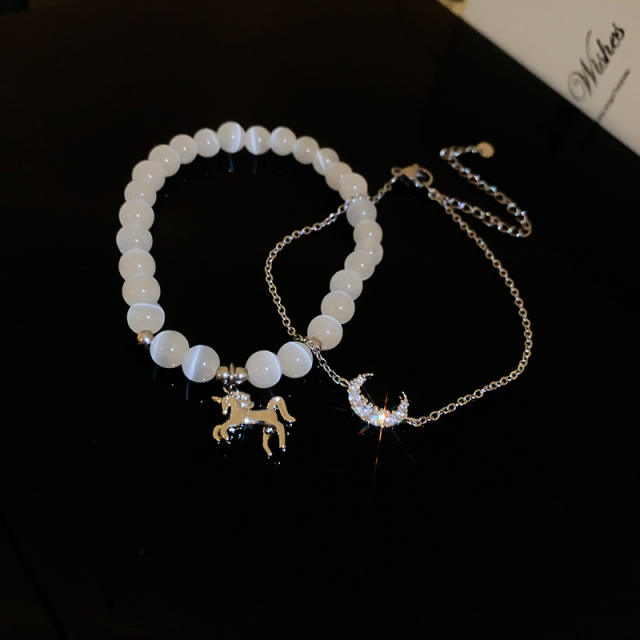 Real gold plated unicorn charm opal stone bead bracelet