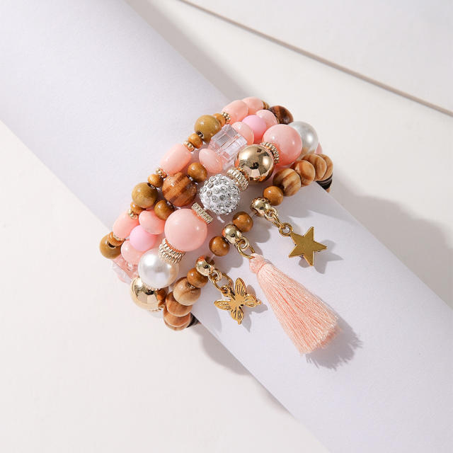 Boho national trend tassel diamond ball wood bead bracelet set