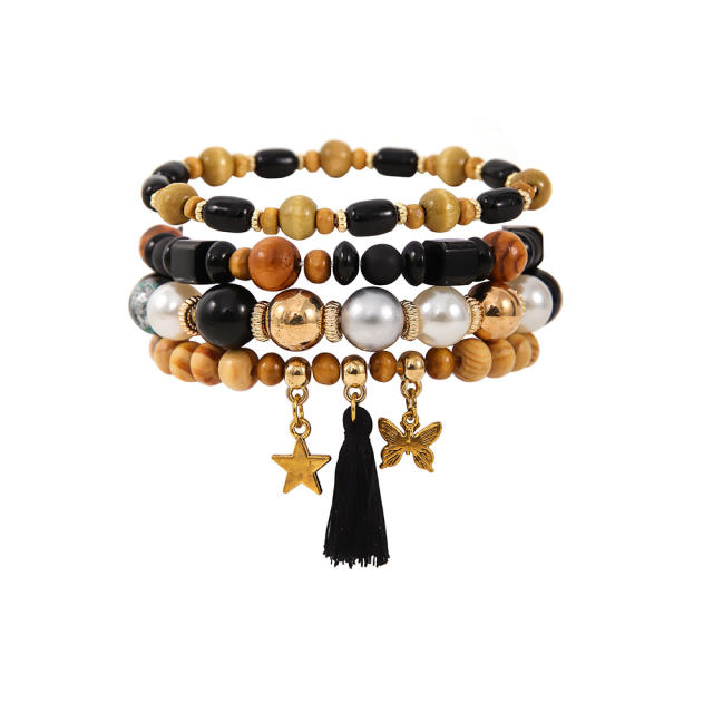 Boho national trend tassel diamond ball wood bead bracelet set