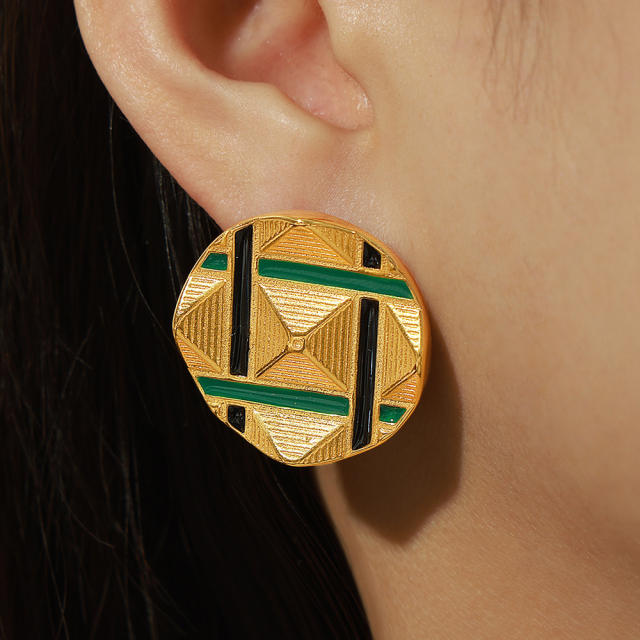 Vintage geometric round shape enamel stainless steel earrings