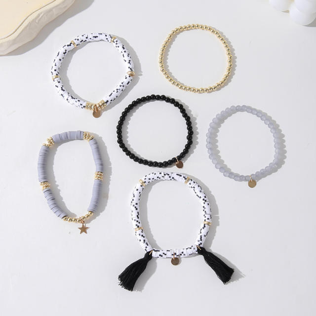 6pcs set boho gray color clay bead tassel bracelet set