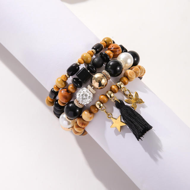 Boho national trend tassel diamond ball wood bead bracelet set