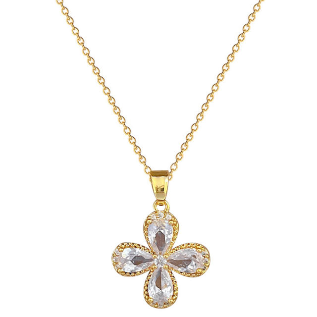 Dainty cubic zircon clover charm stainless steel chain necklace set