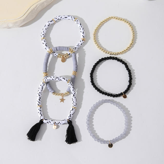 6pcs set boho gray color clay bead tassel bracelet set