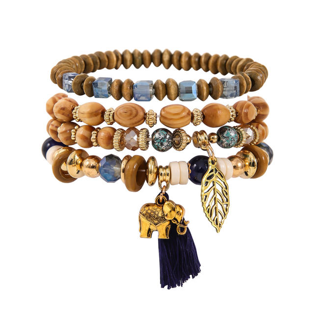 Boho nationali tiny elephant charm wood bead bracelet set