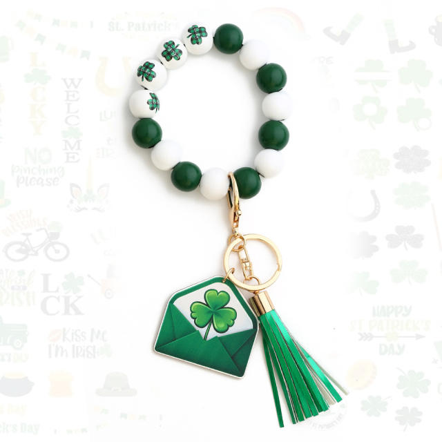 St.Patrick's Day green clover charm beaded keychain wristlet keychain