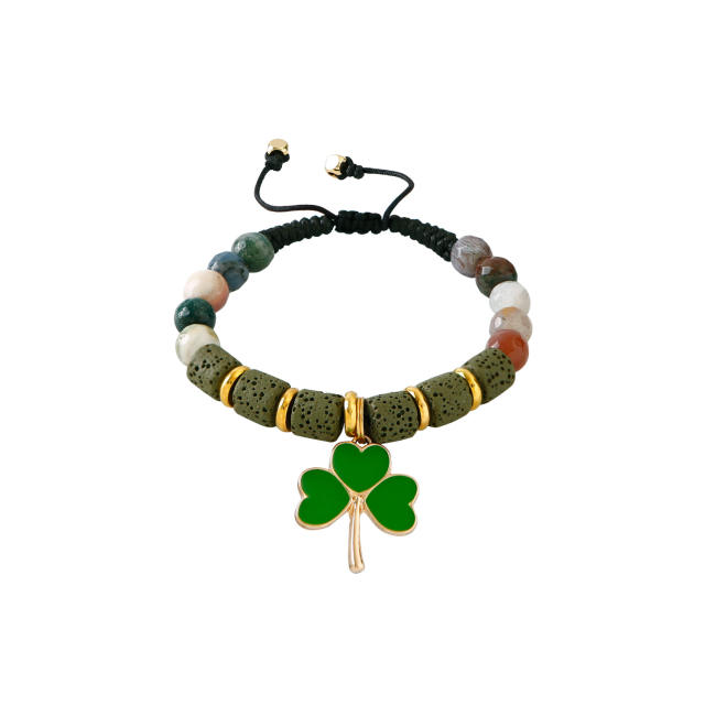 Boho natural stone bead green clover charm st.patrick's day bracelet