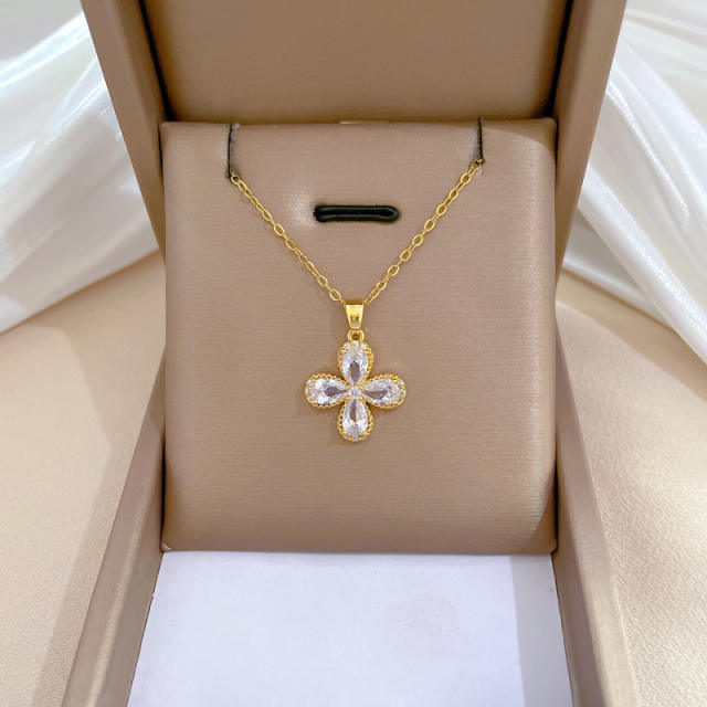 Dainty cubic zircon clover charm stainless steel chain necklace set