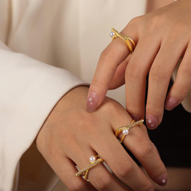 Real gold plated copper geometric line diamond pearl finger rings