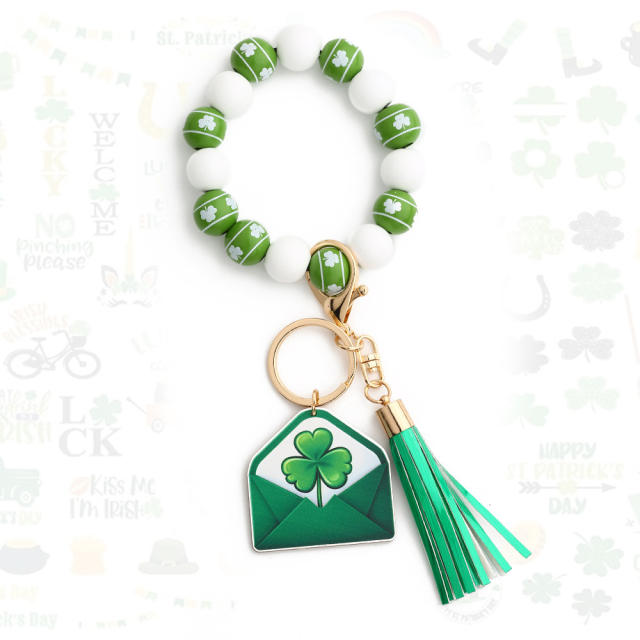 St.Patrick's Day green clover charm beaded keychain wristlet keychain