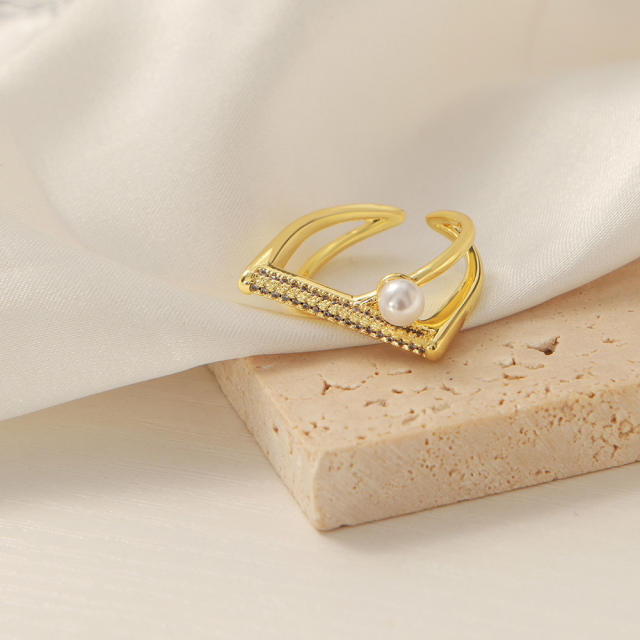 Real gold plated copper geometric line diamond pearl finger rings