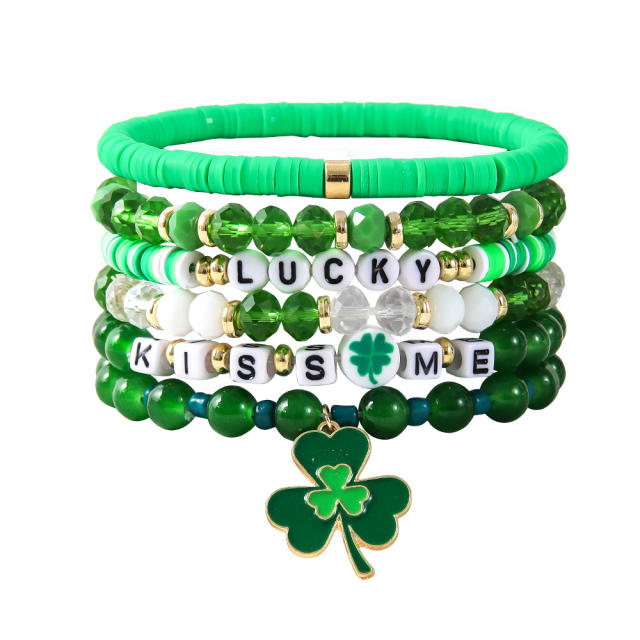 Green color clover charm beaded bracelet set for st.patrick's day