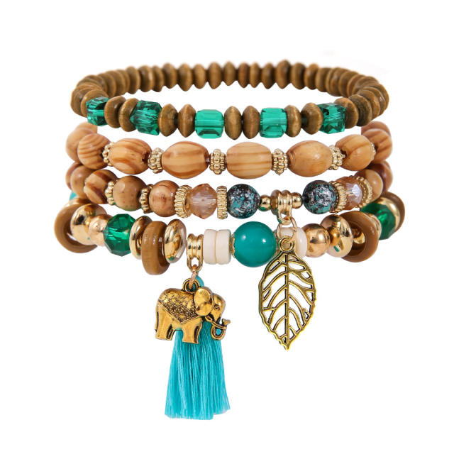 Boho nationali tiny elephant charm wood bead bracelet set