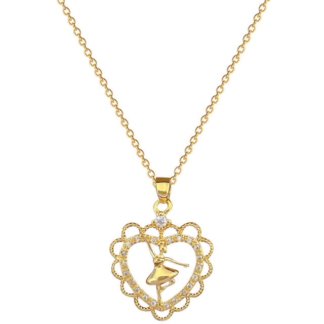 Dainty diamond Ballet heart charm stainless steel chain necklace