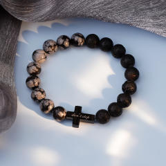 Father's day gift natural stone bead cross symbol stainless steel bracelet
