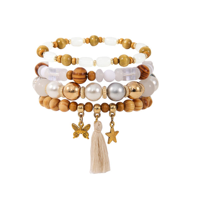 Boho national trend tassel diamond ball wood bead bracelet set