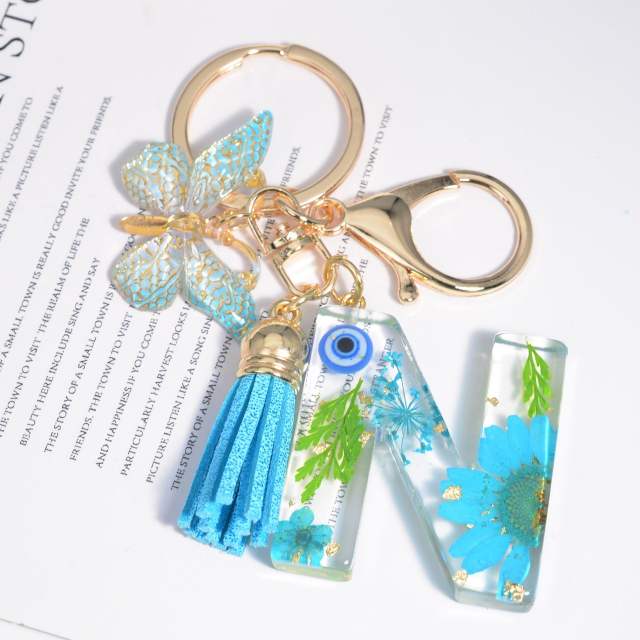 Spring blue daisy flower butterfly acrylic initial letter keychain