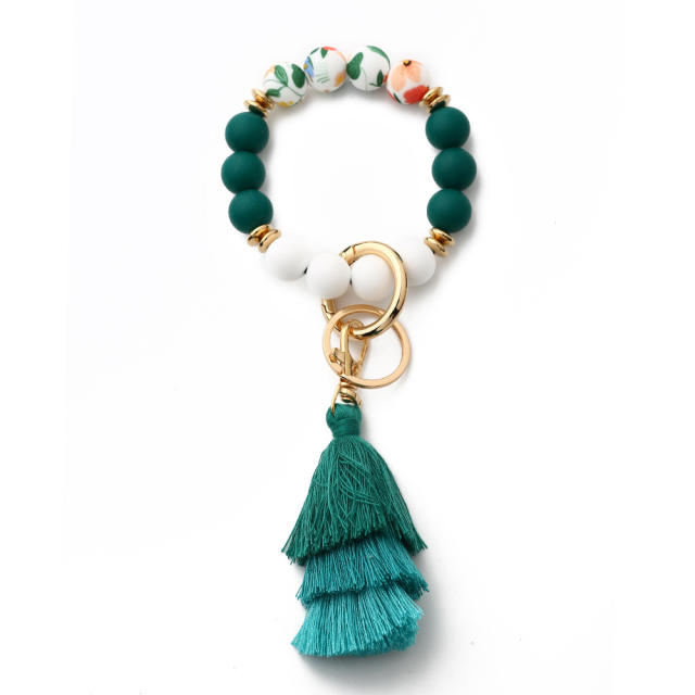 Boho colorful string tassel silicone bead wrislet keychain