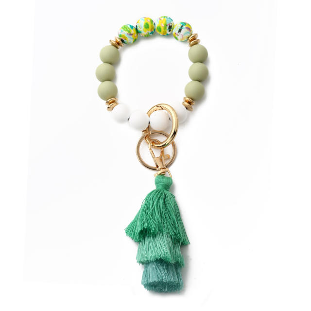 Boho colorful string tassel silicone bead wrislet keychain
