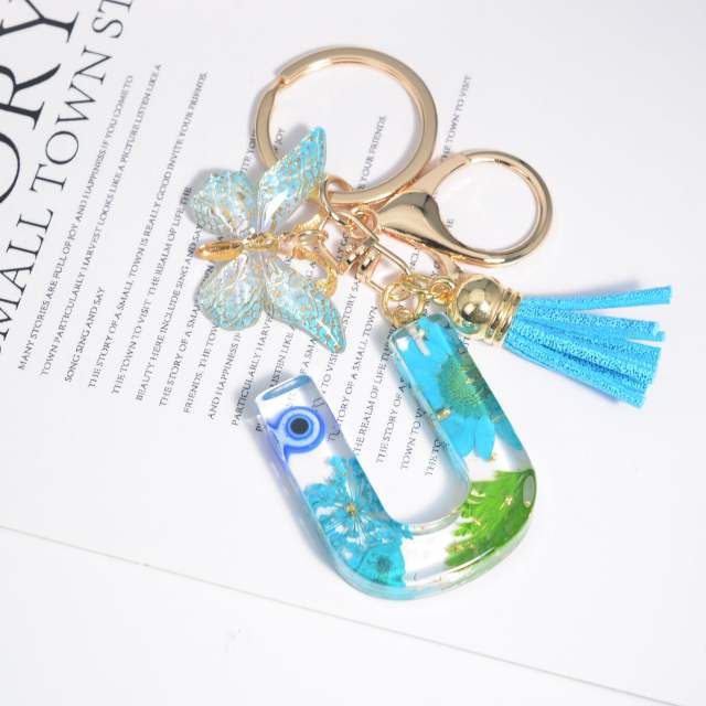 Spring blue daisy flower butterfly acrylic initial letter keychain