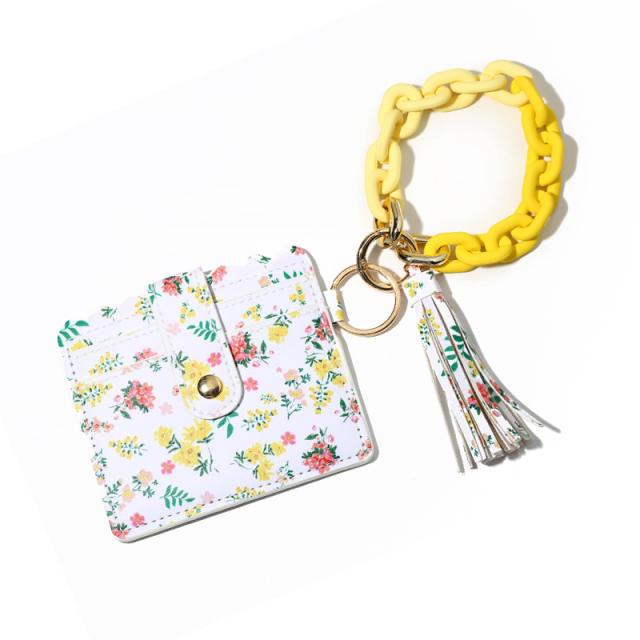 Colorful acrylic chain PU leather card holder keychain wrislet keychain