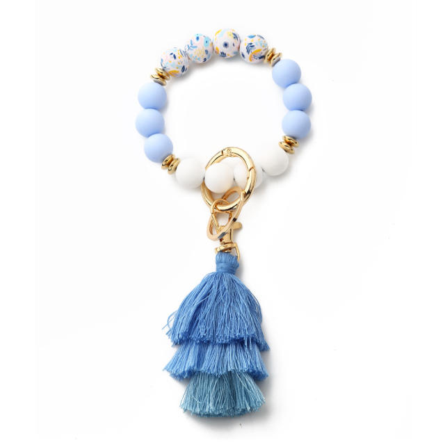 Boho colorful string tassel silicone bead wrislet keychain