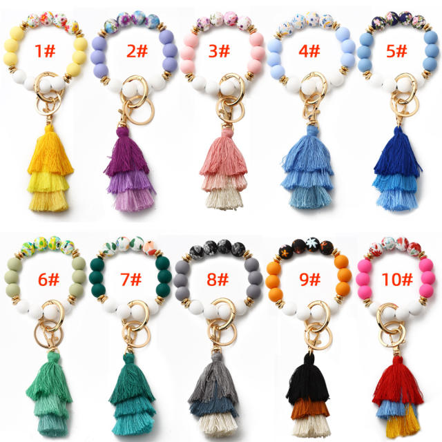 Boho colorful string tassel silicone bead wrislet keychain