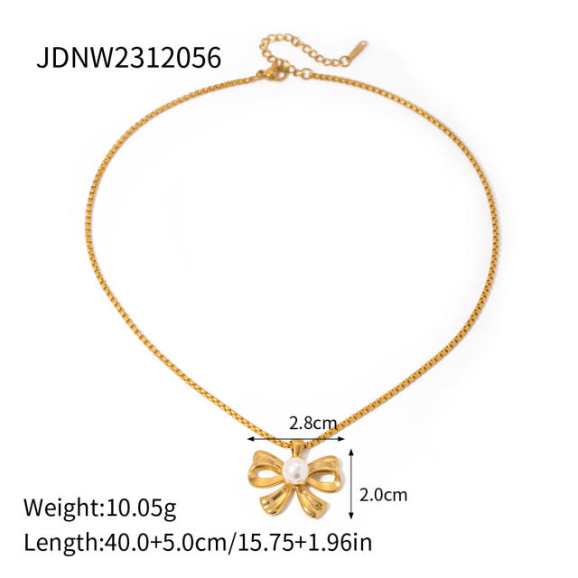 18KG cute bow stainless steel necklace earrings rings set