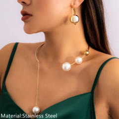 Elegant imitation pearl ball bead stainless steel choker necklace